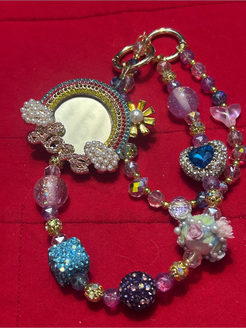 Multicolor Crystal & Pearl 'Love' Mirror Bag Charm Chain for Women